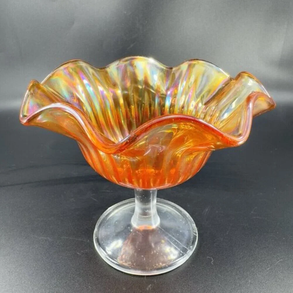 VTG Marigold Carnival Glass Iridescent Ruffled Pedestal Compote Footed Dish Bowl